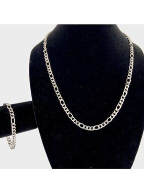 14K White Gold Plated Figaro 8mm Link Chain Necklace Bracelet Set
